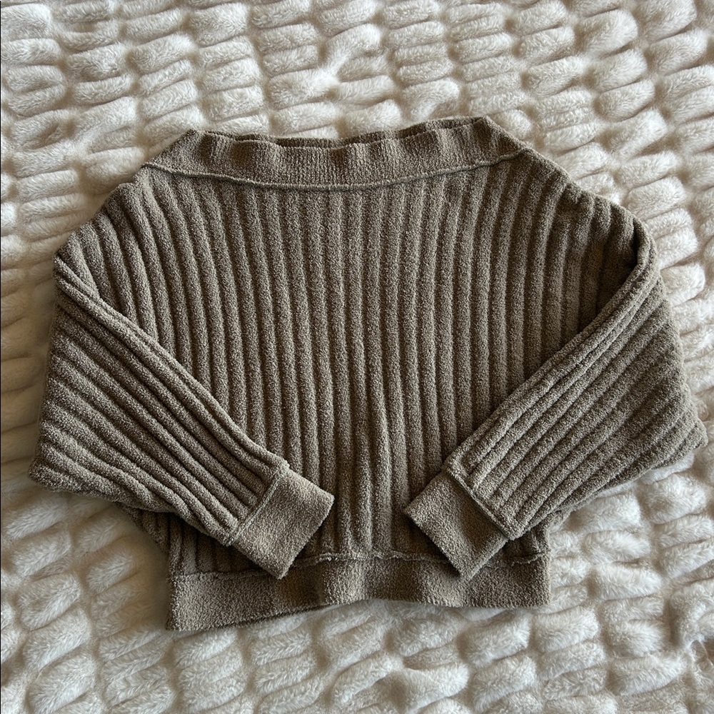 Free People Cabin Fever Fuzzy Boat Neck Off The Shoulder Pullover Tan Oatmeal